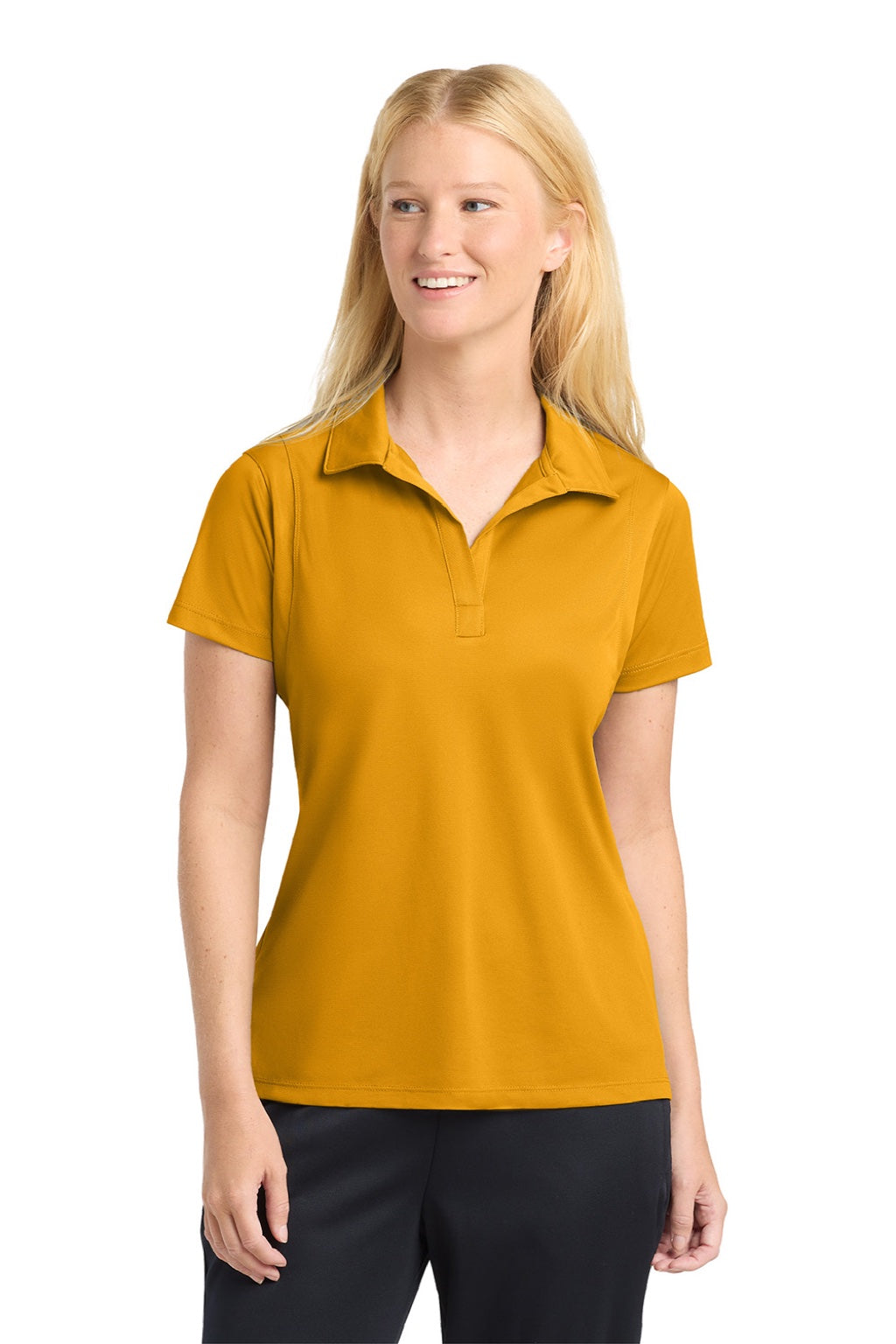 Sport-Tek LST650 Womens Sport-Wick Moisture Wicking Short Sleeve Polo Shirt Gold Model Front