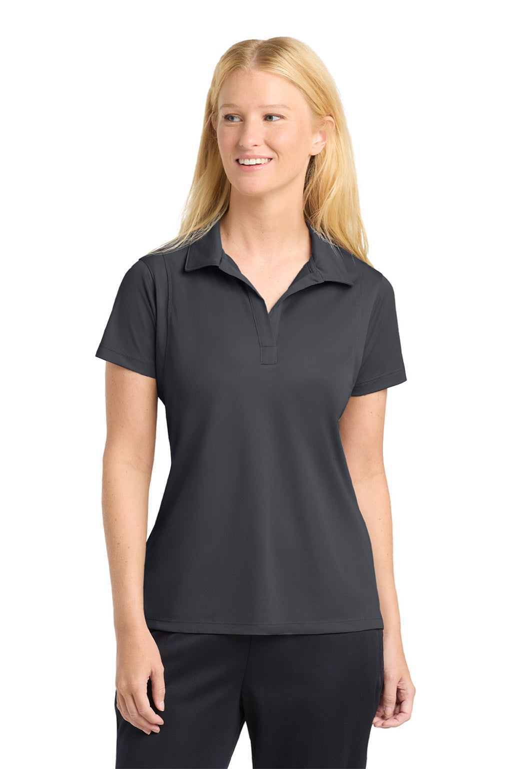 Sport-Tek LST650 Womens Sport-Wick Moisture Wicking Short Sleeve Polo Shirt Iron Grey Model Front