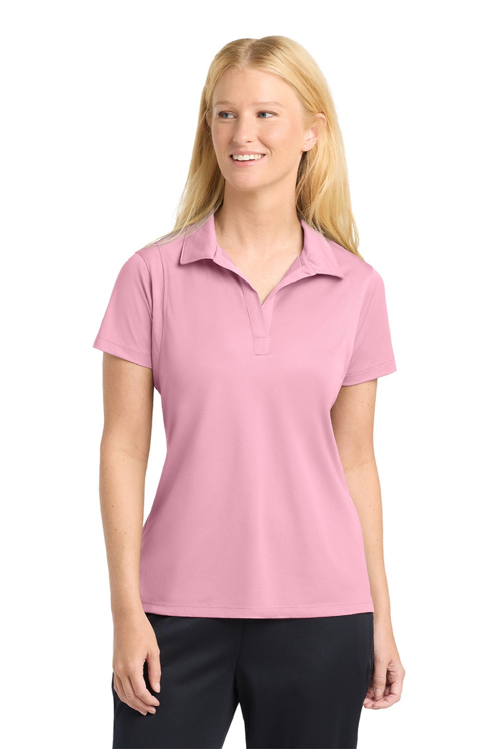 Sport-Tek LST650 Womens Sport-Wick Moisture Wicking Short Sleeve Polo Shirt Light Pink Model Front