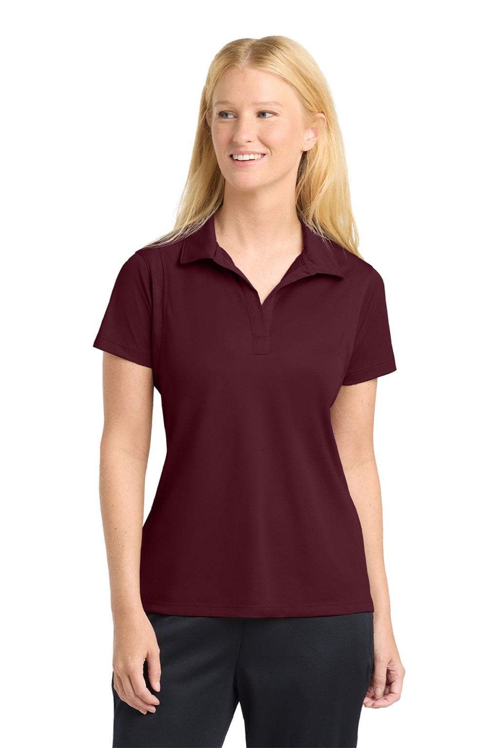 Sport-Tek LST650 Womens Sport-Wick Moisture Wicking Short Sleeve Polo Shirt Maroon Model Front