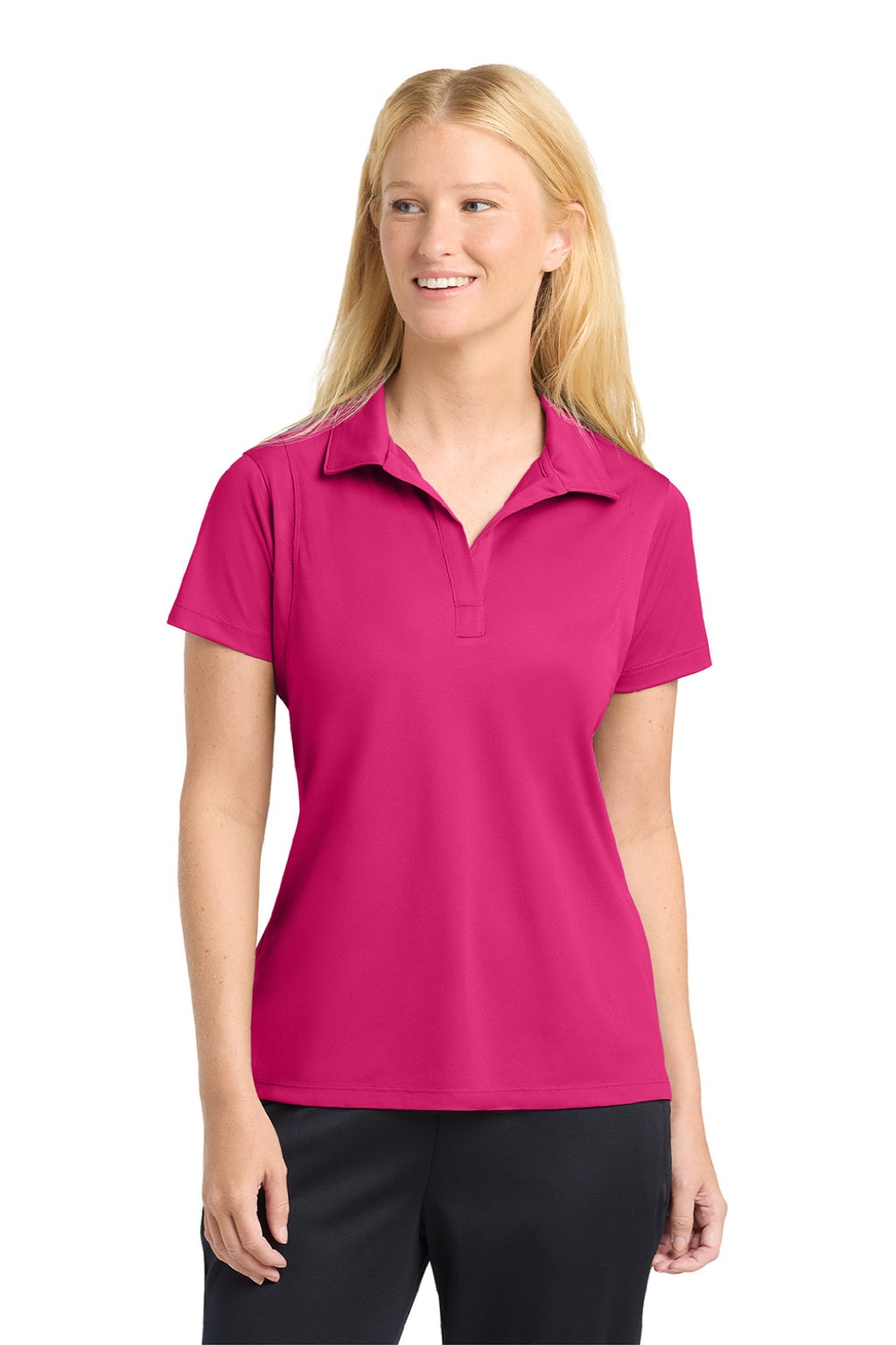 Sport-Tek LST650 Womens Sport-Wick Moisture Wicking Short Sleeve Polo Shirt Raspberry Pink Model Front