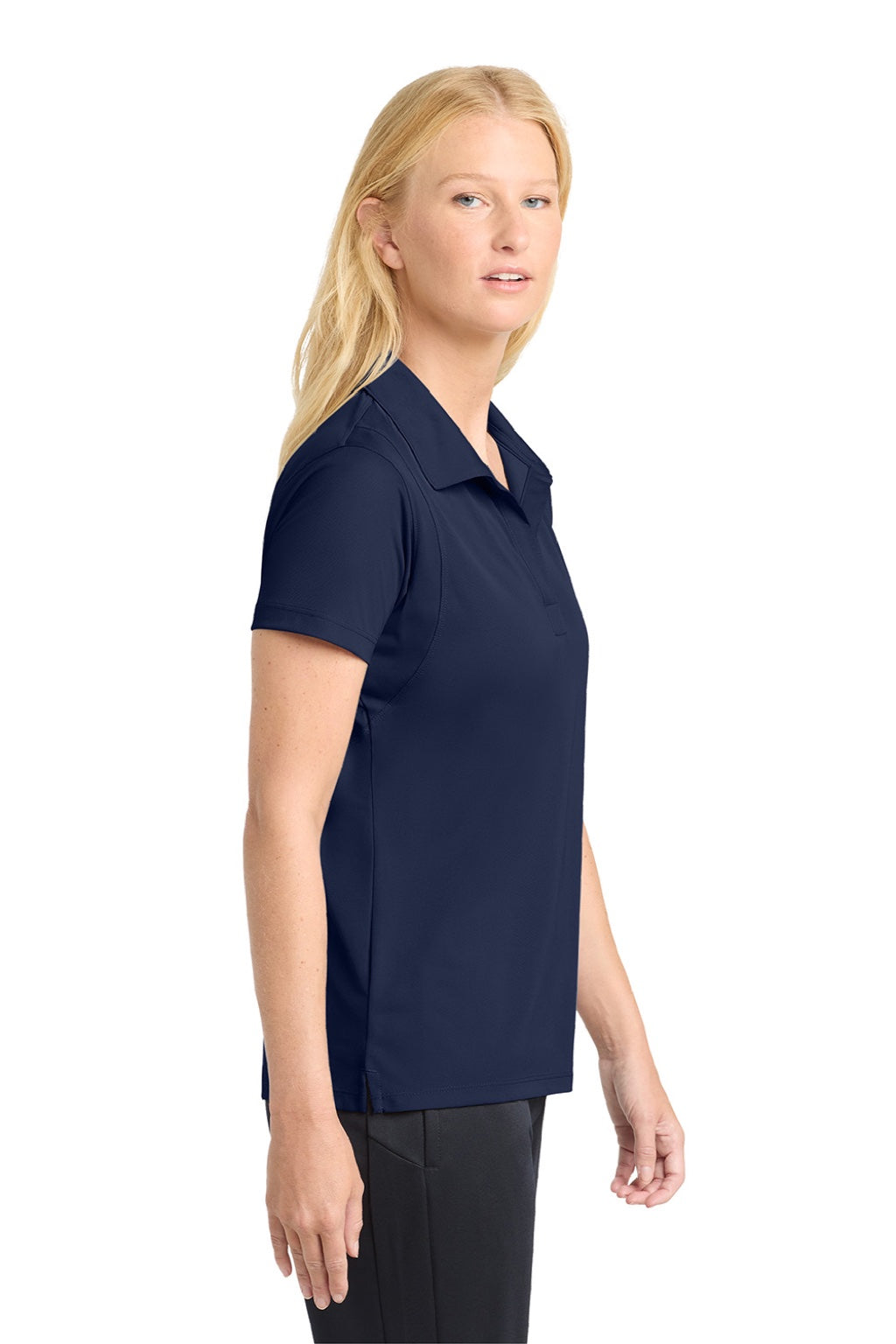 Sport-Tek LST650 Womens Sport-Wick Moisture Wicking Short Sleeve Polo Shirt True Navy Blue Model Side