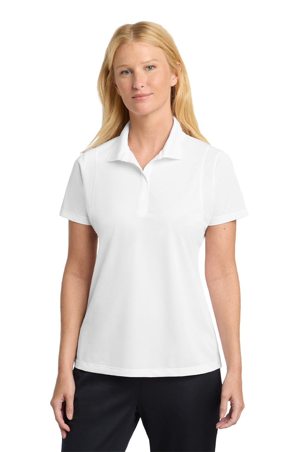 Sport-Tek LST650 Womens Sport-Wick Moisture Wicking Short Sleeve Polo Shirt White Model Front