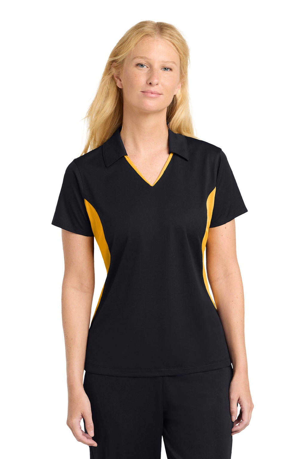 Sport-Tek LST655 Womens Sport-Wick Moisture Wicking Short Sleeve Polo Shirt Black/Gold Model Front