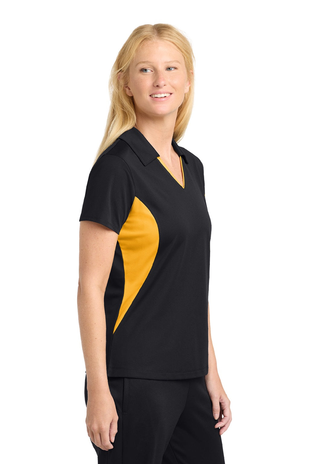 Sport-Tek LST655 Womens Sport-Wick Moisture Wicking Short Sleeve Polo Shirt Black/Gold Model Side