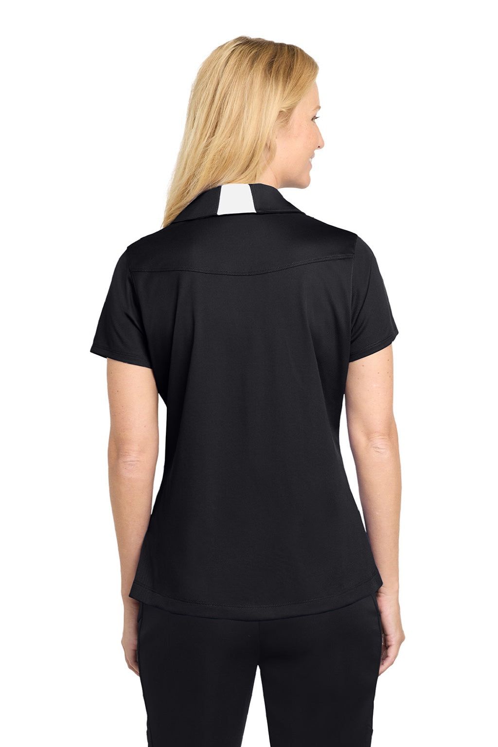 Sport-Tek LST655 Womens Sport-Wick Moisture Wicking Short Sleeve Polo Shirt Black/White Model Back