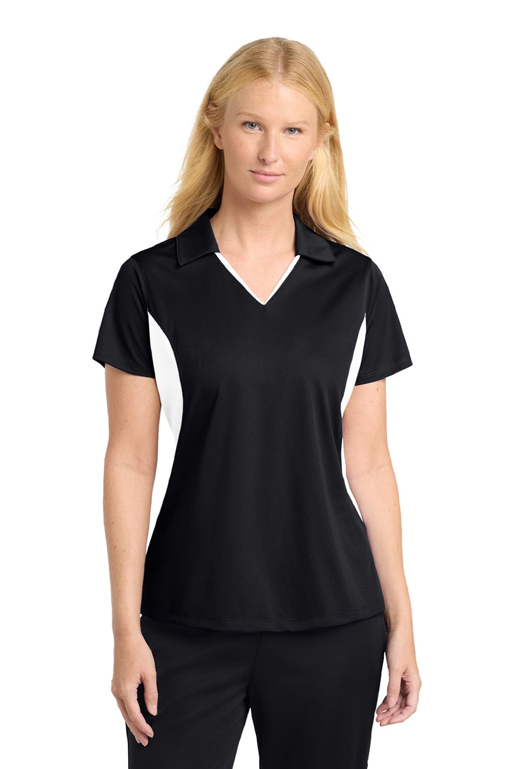 Sport-Tek LST655 Womens Sport-Wick Moisture Wicking Short Sleeve Polo Shirt Black/White Model Front