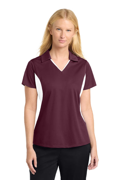Sport-Tek LST655 Womens Sport-Wick Moisture Wicking Short Sleeve Polo Shirt Maroon/White Model Front
