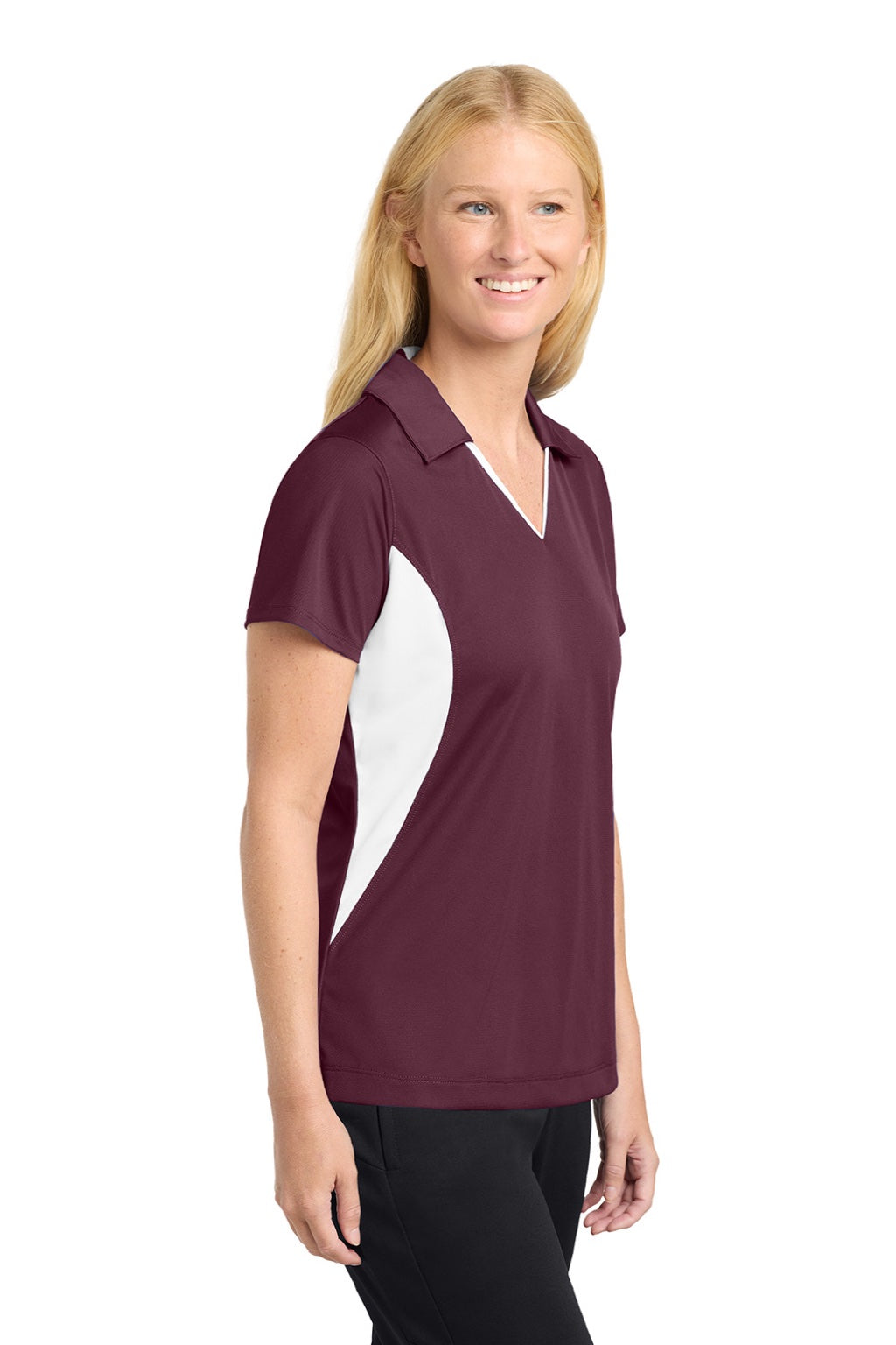 Sport-Tek LST655 Womens Sport-Wick Moisture Wicking Short Sleeve Polo Shirt Maroon/White Model Side