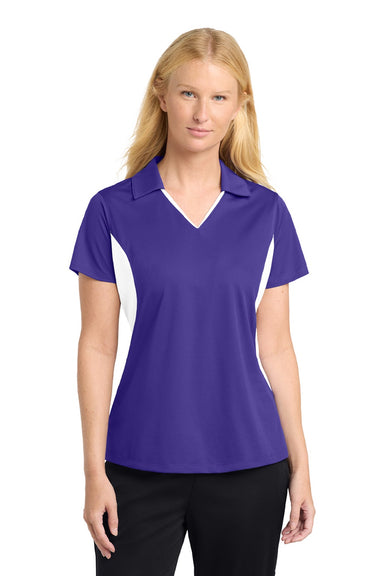 Sport-Tek LST655 Womens Sport-Wick Moisture Wicking Short Sleeve Polo Shirt Purple/White Model Front
