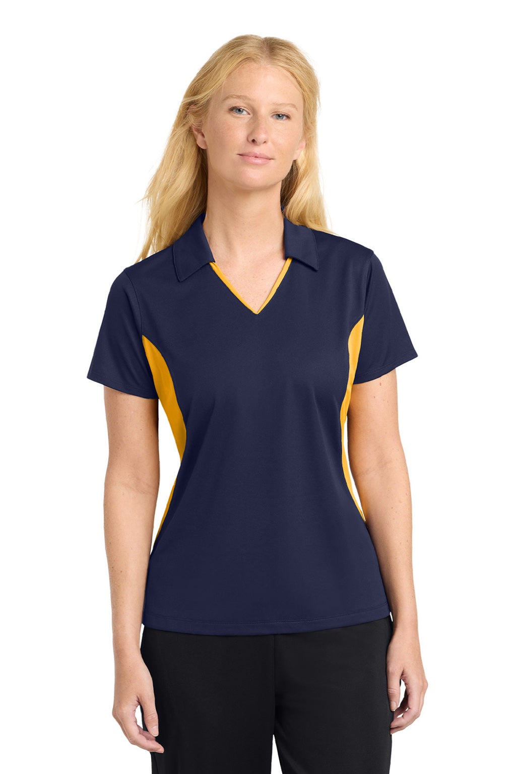 Sport-Tek LST655 Womens Sport-Wick Moisture Wicking Short Sleeve Polo Shirt True Navy Blue/Gold Model Front