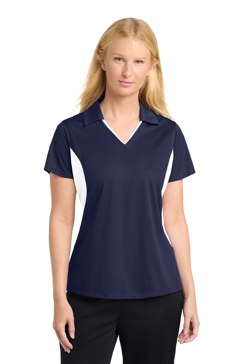 Sport-Tek LST655 Womens Sport-Wick Moisture Wicking Short Sleeve Polo Shirt True Navy Blue/White Model Front