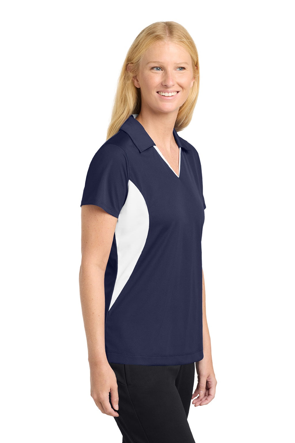 Sport-Tek LST655 Womens Sport-Wick Moisture Wicking Short Sleeve Polo Shirt True Navy Blue/White Model Side