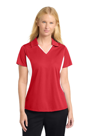 Sport-Tek LST655 Womens Sport-Wick Moisture Wicking Short Sleeve Polo Shirt True Red/White Model Front