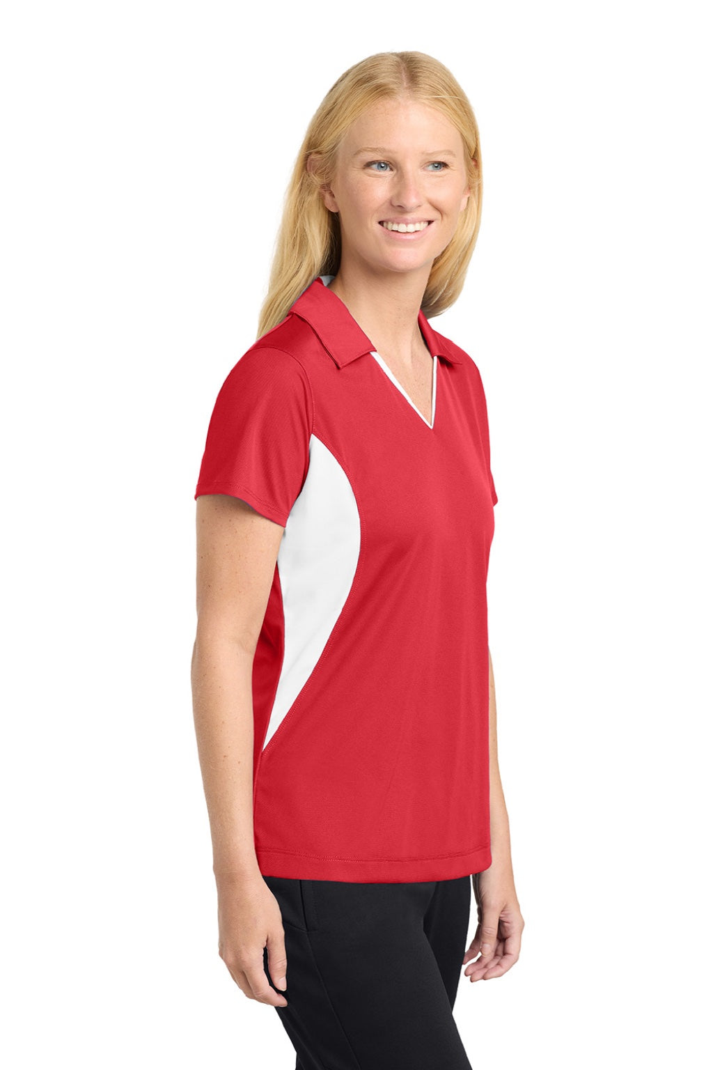 Sport-Tek LST655 Womens Sport-Wick Moisture Wicking Short Sleeve Polo Shirt True Red/White Model Side