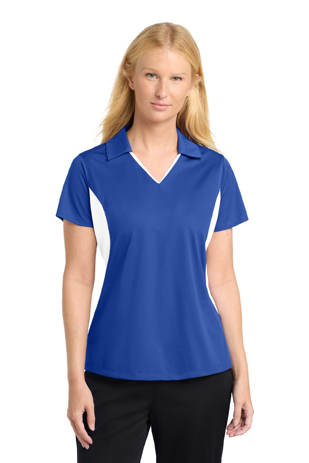 Sport-Tek LST655 Womens Sport-Wick Moisture Wicking Short Sleeve Polo Shirt True Royal Blue/White Model Front