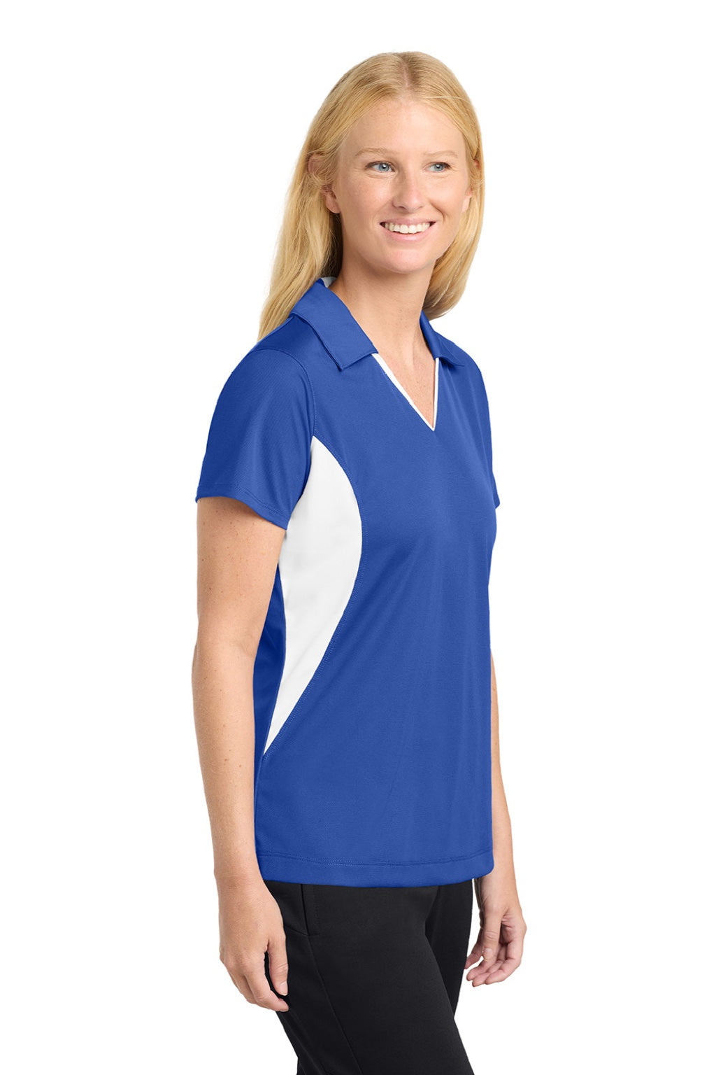 Sport-Tek LST655 Womens Sport-Wick Moisture Wicking Short Sleeve Polo Shirt True Royal Blue/White Model Side