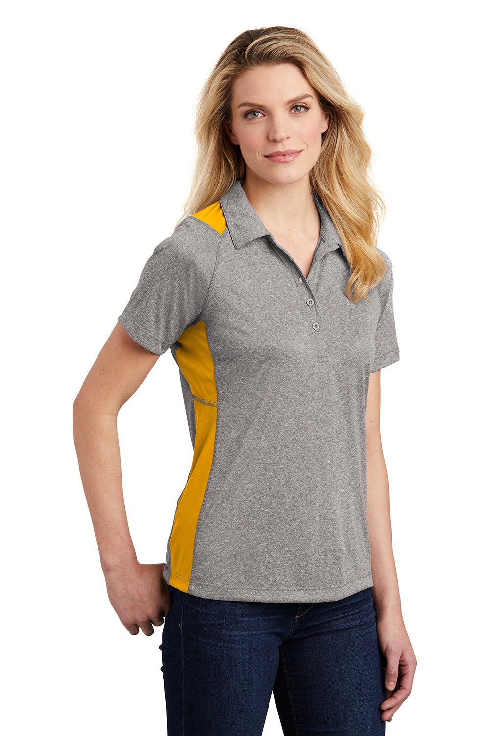 Sport-Tek LST665 Womens Heather Contender Moisture Wicking Short Sleeve Polo Shirt Heather Vintage Grey/Gold Model 3q