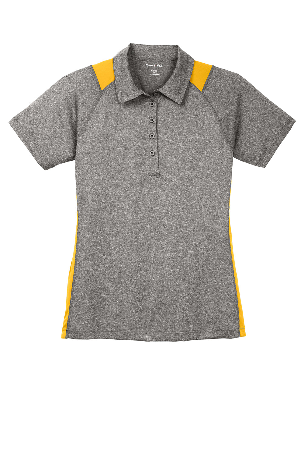 Sport-Tek LST665 Womens Heather Contender Moisture Wicking Short Sleeve Polo Shirt Heather Vintage Grey/Gold Flat Front
