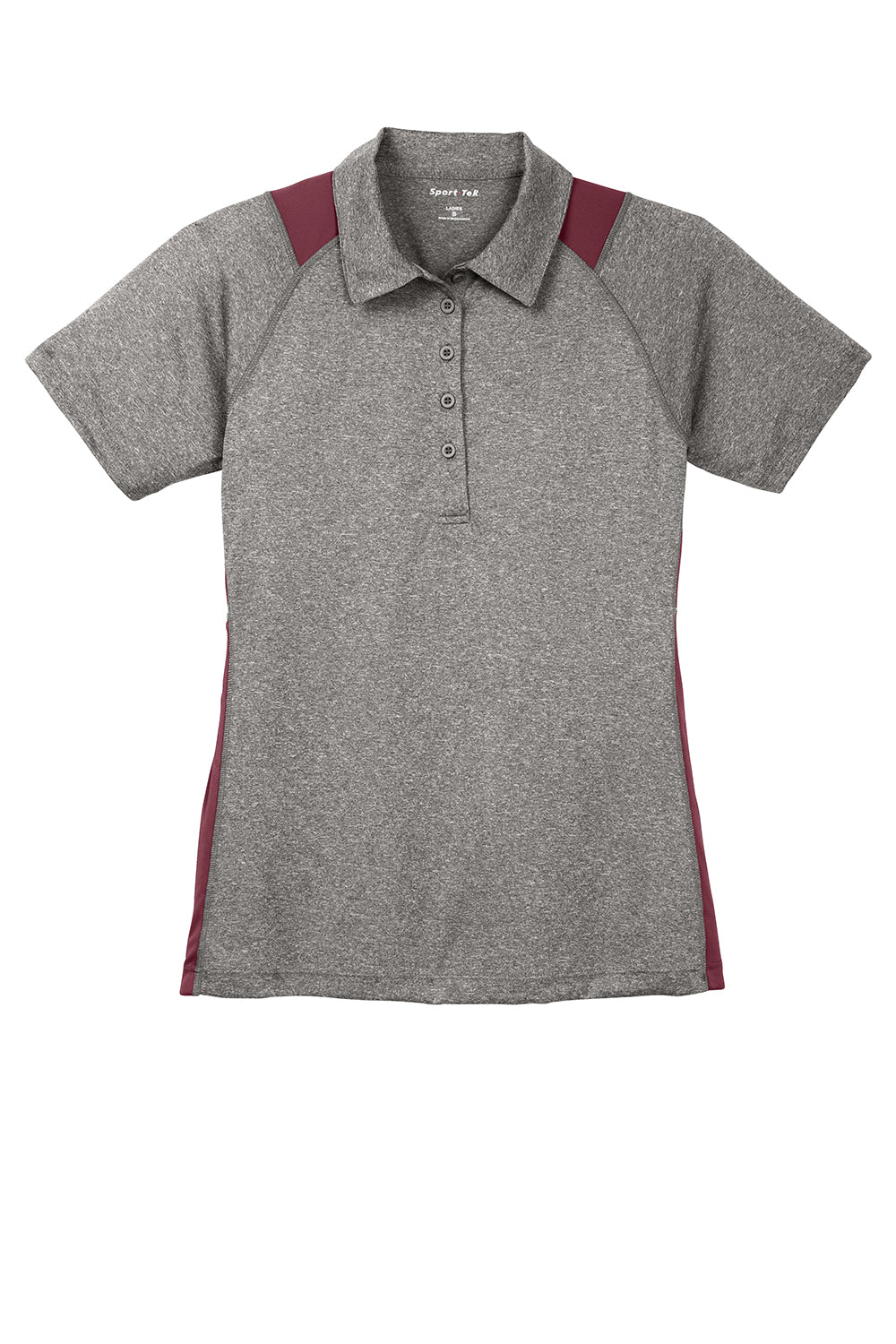 Sport-Tek LST665 Womens Heather Contender Moisture Wicking Short Sleeve Polo Shirt Heather Vintage Grey/Maroon Flat Front