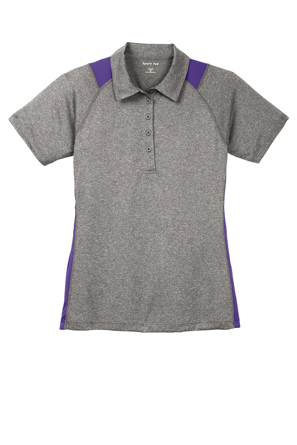 Sport-Tek LST665 Womens Heather Contender Moisture Wicking Short Sleeve Polo Shirt Heather Vintage Grey/Purple Flat Front