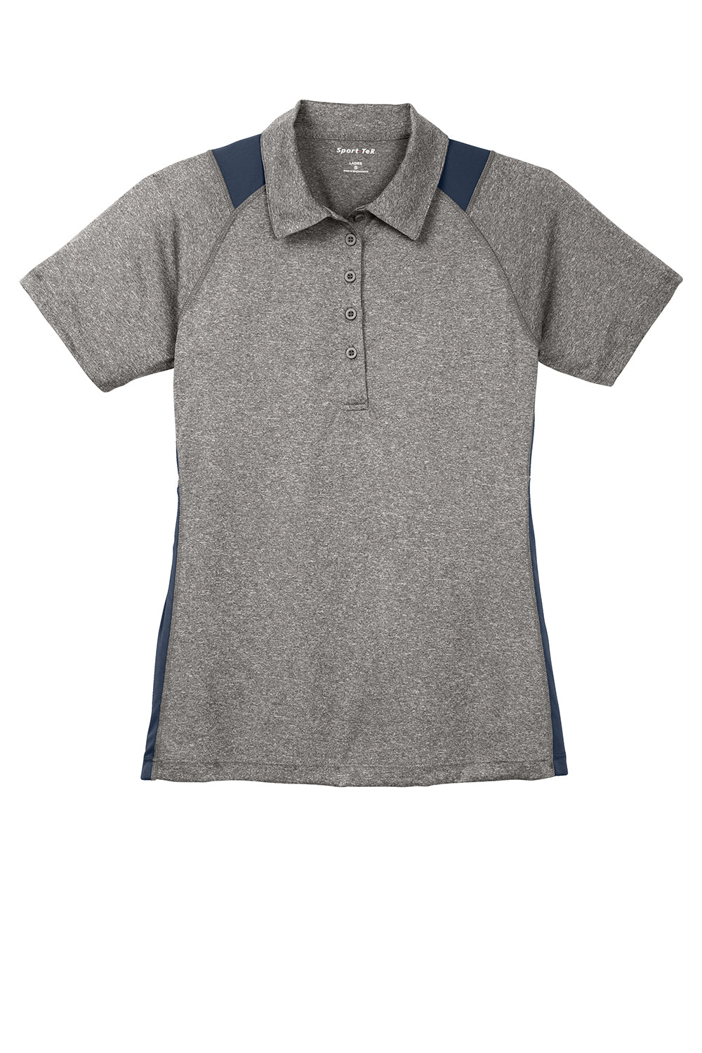 Sport-Tek LST665 Womens Heather Contender Moisture Wicking Short Sleeve Polo Shirt Heather Vintage Grey/True Navy Blue Flat Front