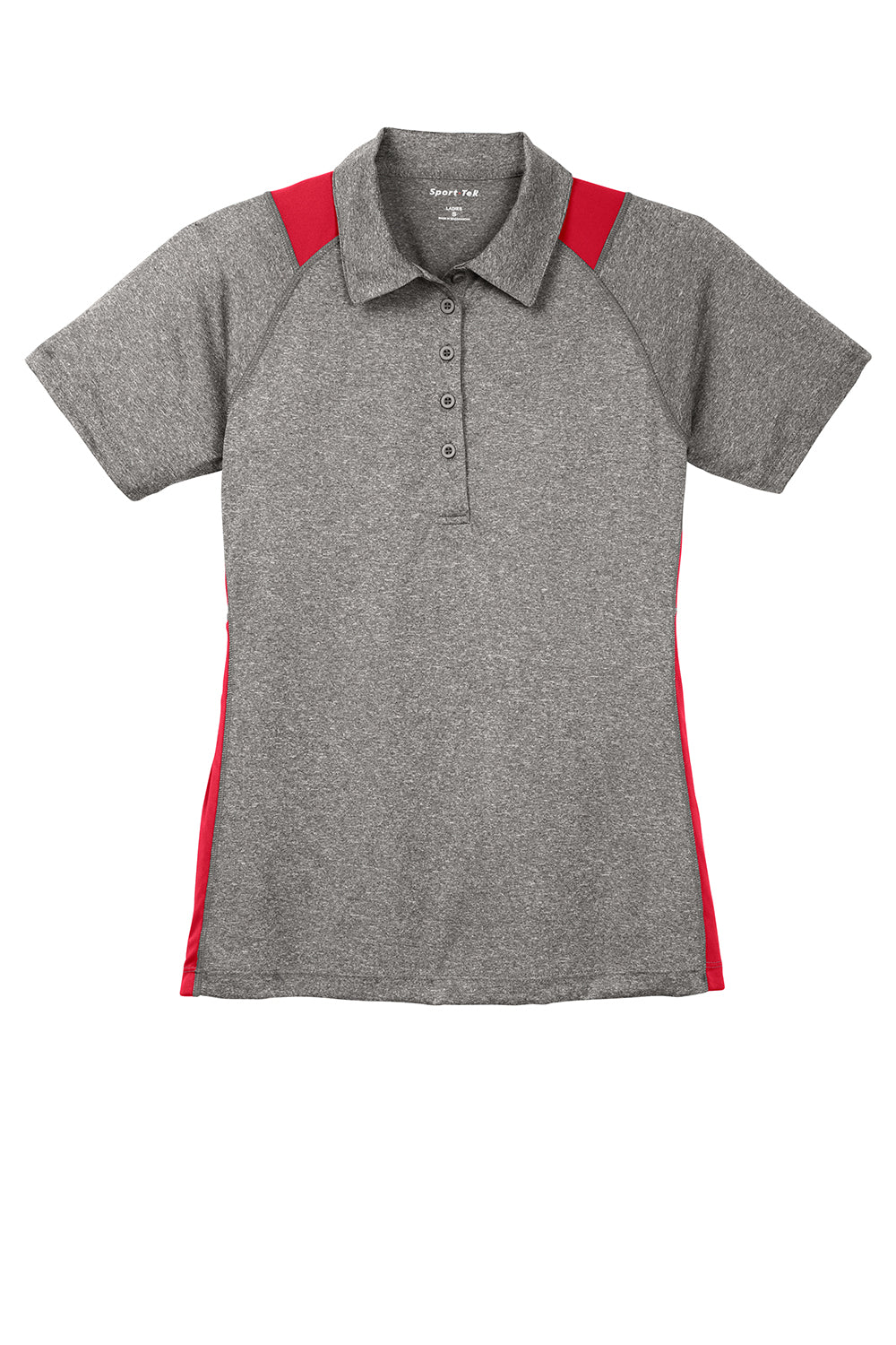 Sport-Tek LST665 Womens Heather Contender Moisture Wicking Short Sleeve Polo Shirt Heather Vintage Grey/True Red Flat Front