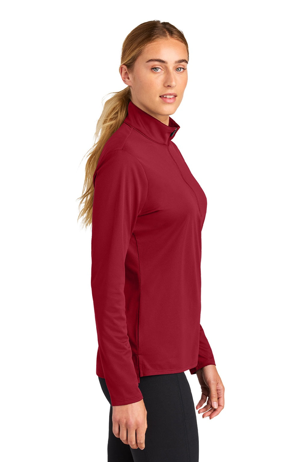Sport-Tek LST672 Womens Micropique Sport-Wick 1/4 Zip Sweatshirt Deep Red Model Side