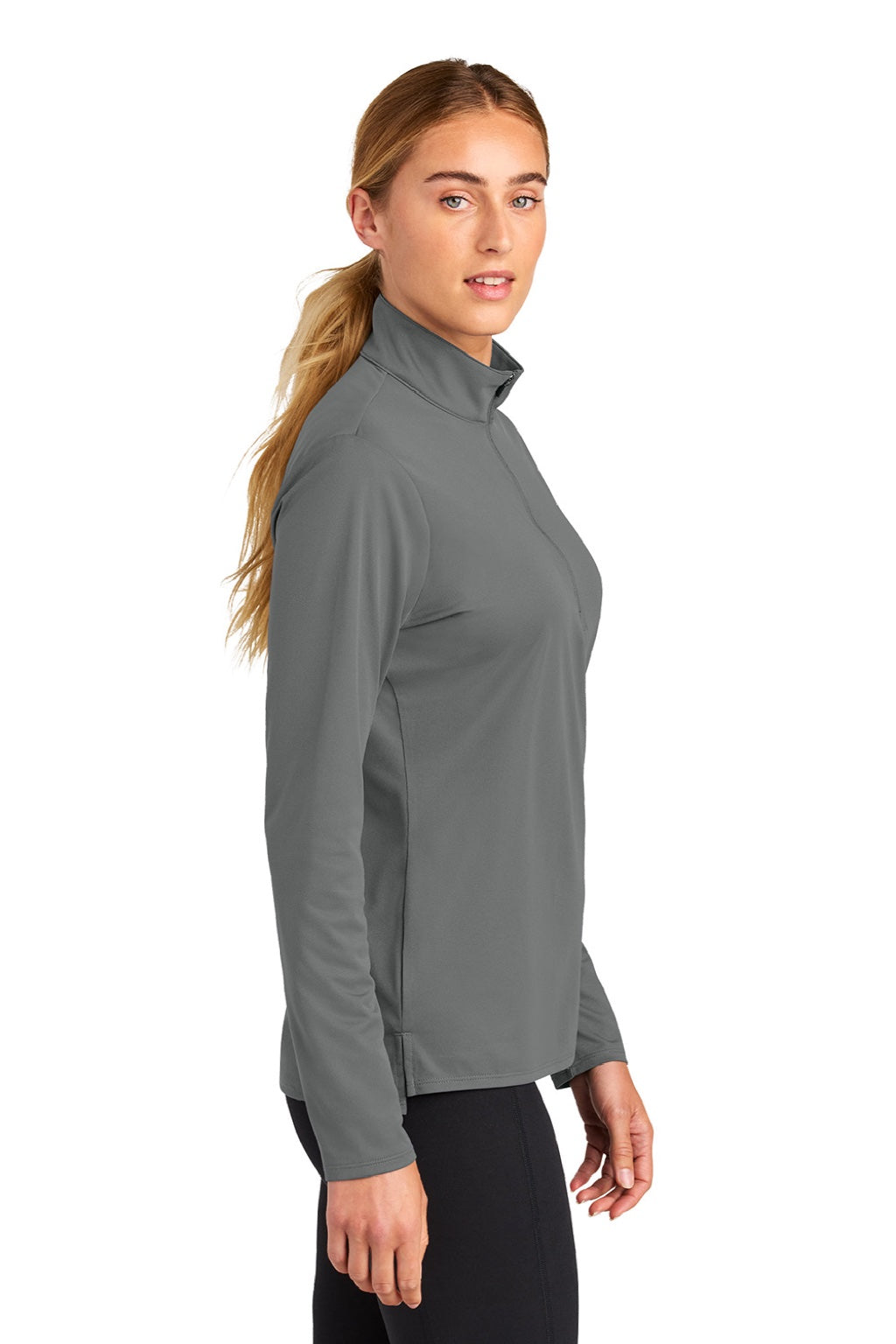 Sport-Tek LST672 Womens Micropique Sport-Wick 1/4 Zip Sweatshirt Concrete Grey Model Side