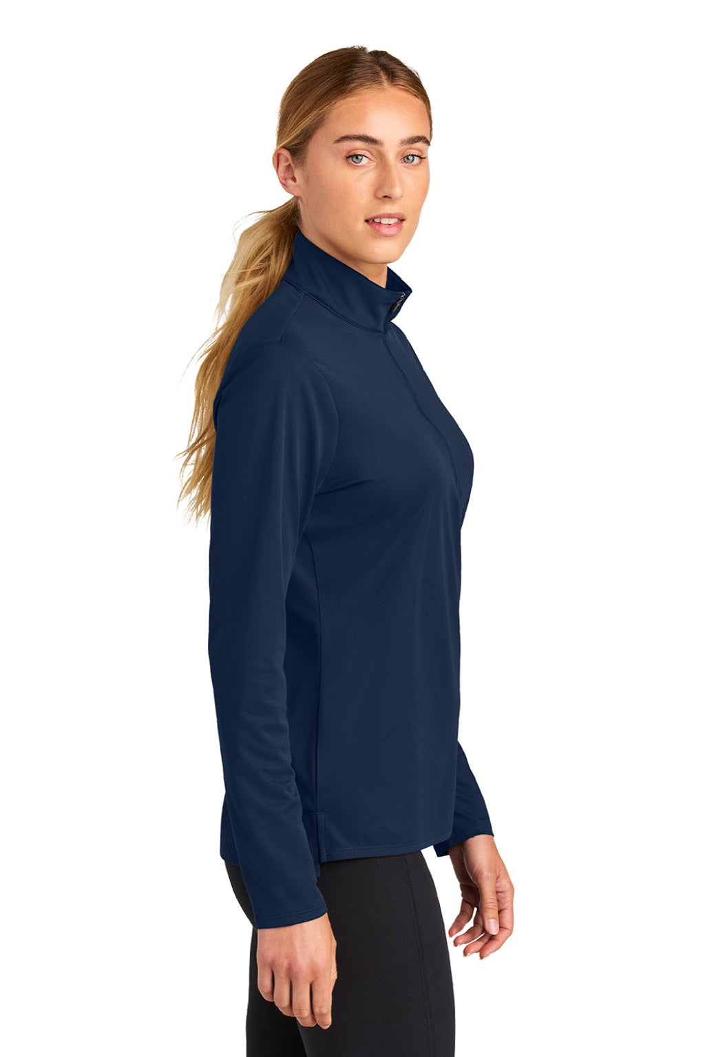 Sport-Tek LST672 Womens Micropique Sport-Wick 1/4 Zip Sweatshirt True Navy Blue Model Side