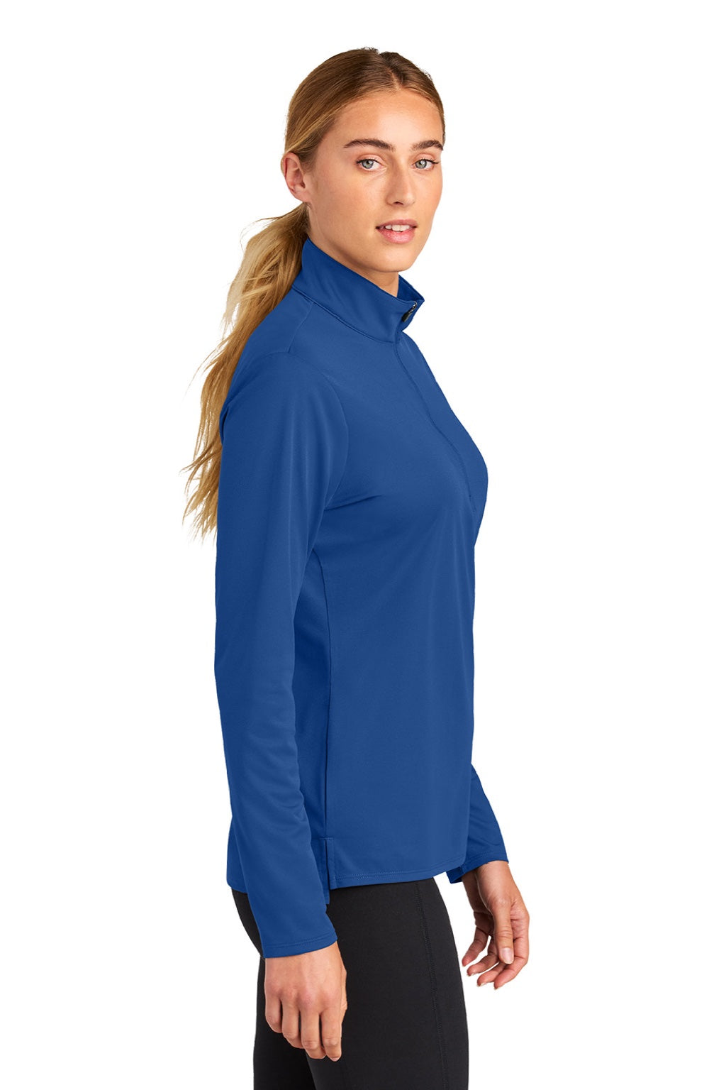 Sport-Tek LST672 Womens Micropique Sport-Wick 1/4 Zip Sweatshirt True Royal Blue Model Side
