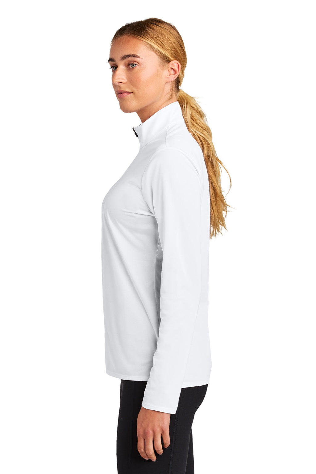Sport-Tek LST672 Womens Micropique Sport-Wick 1/4 Zip Sweatshirt White Model Side