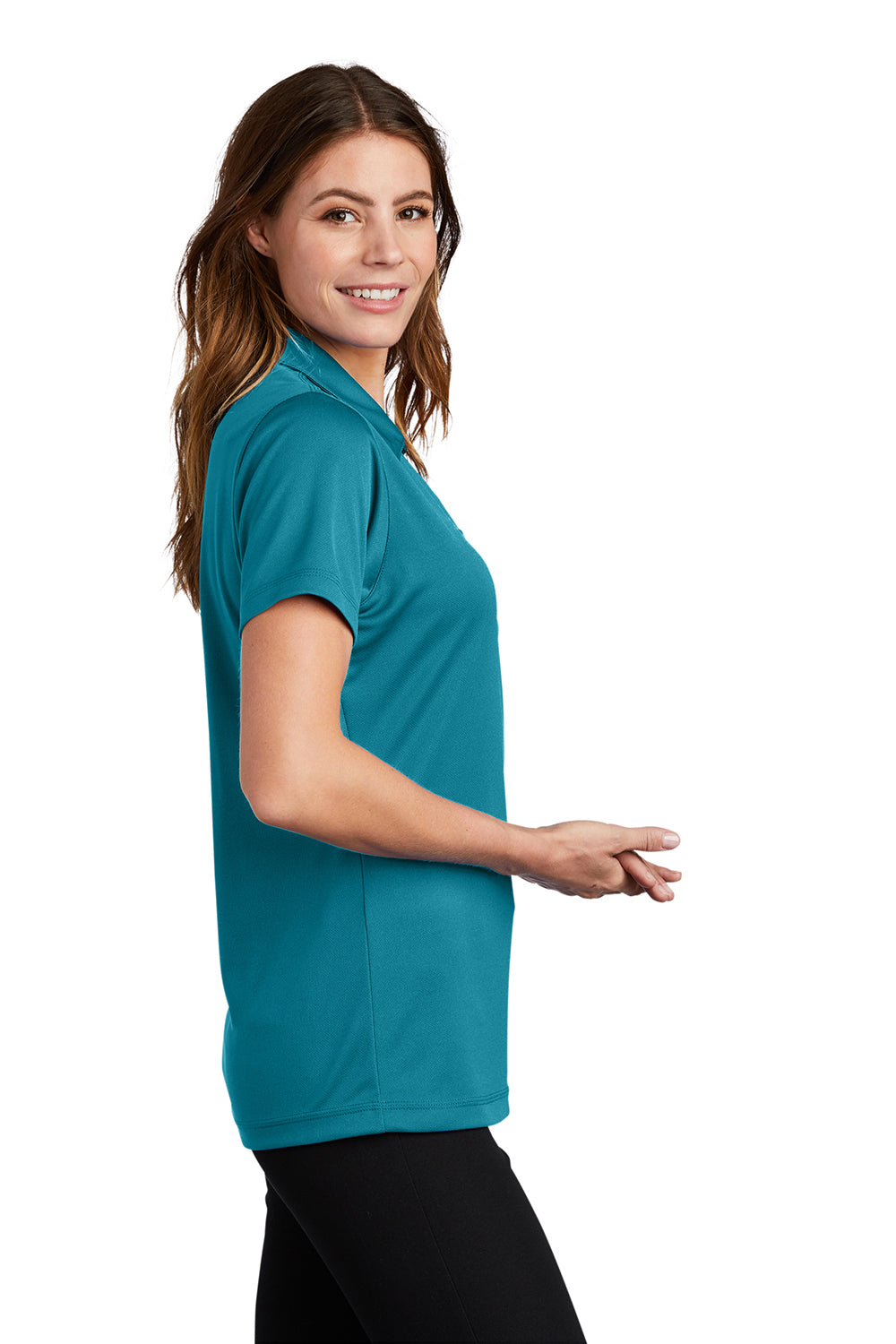 Sport-Tek LST680 Womens Micro-Mesh Moisture Wicking Short Sleeve Polo Shirt Blue Wake Model Side