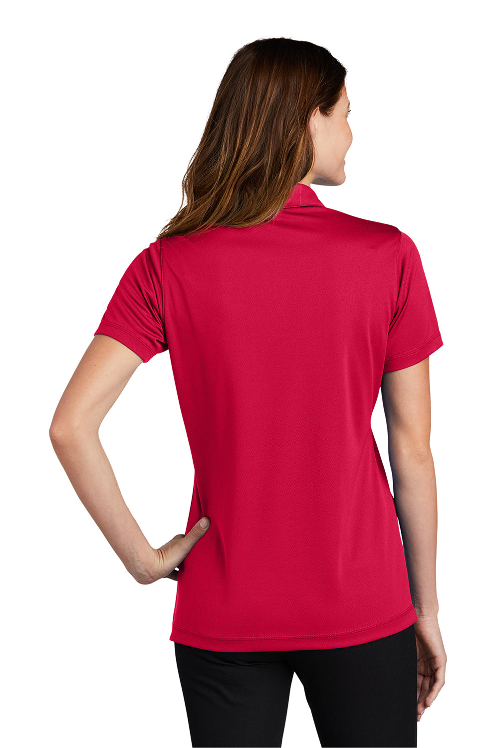 Sport-Tek LST680 Womens Micro-Mesh Moisture Wicking Short Sleeve Polo Shirt True Red Model Back