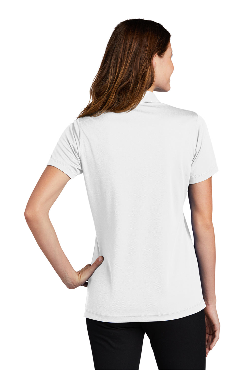 Sport-Tek LST680 Womens Micro-Mesh Moisture Wicking Short Sleeve Polo Shirt White Model Back