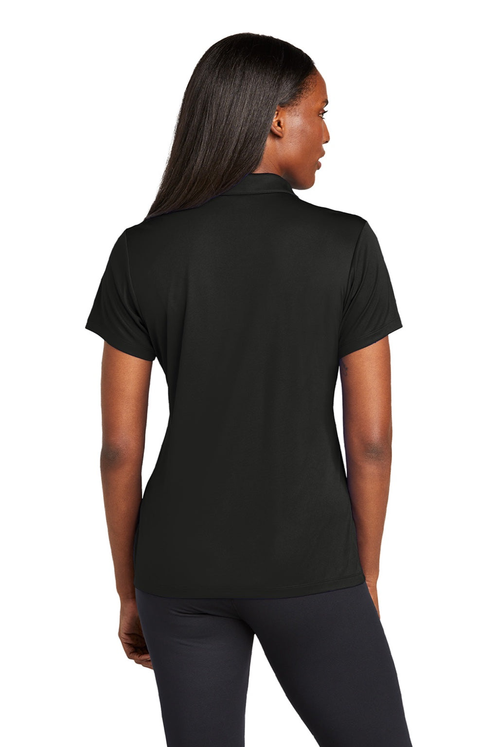 Sport-Tek LST725 Womens Moisture Wicking Re-Compete Short Sleeve Polo Shirt Black Model Back