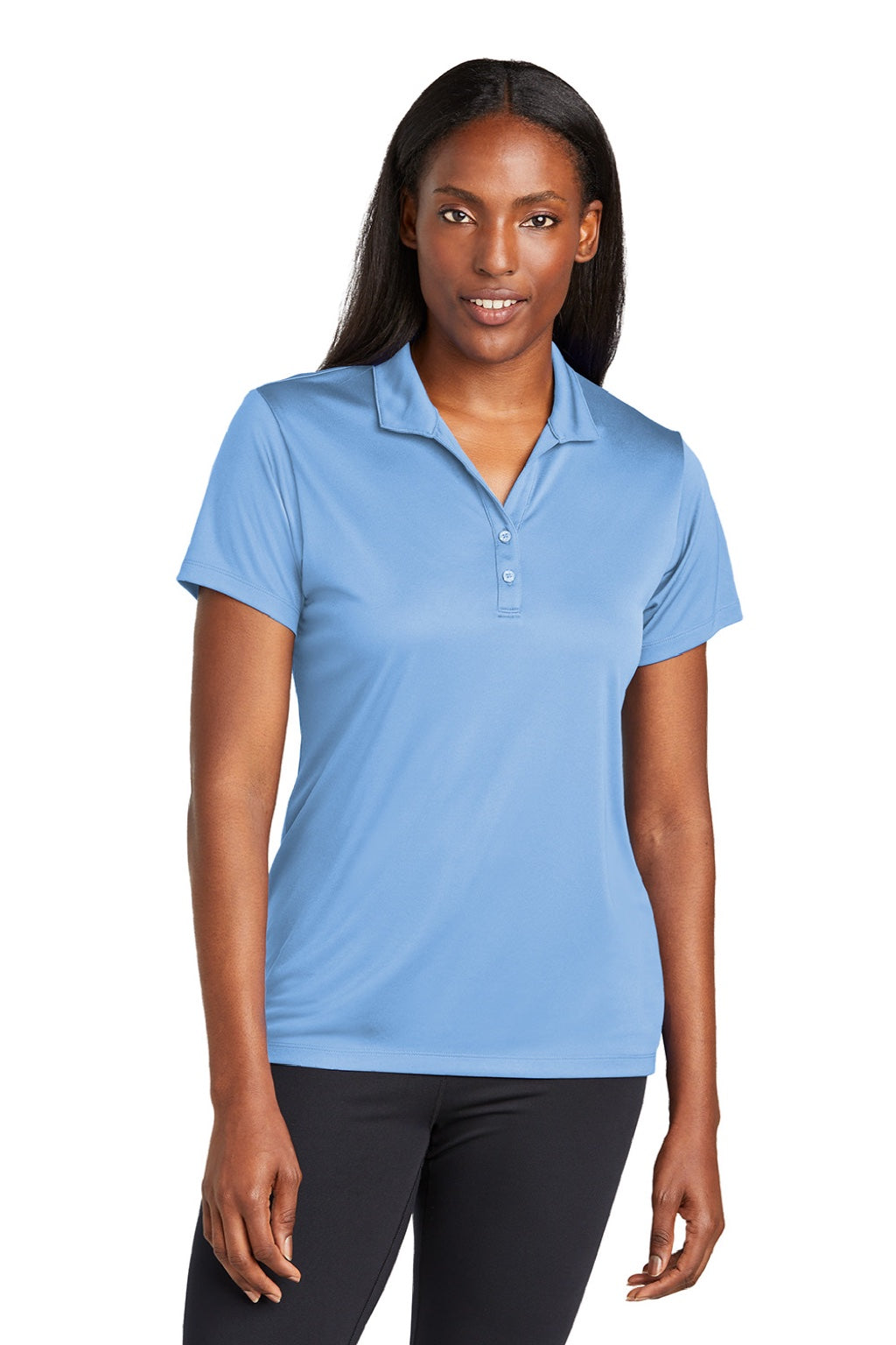 Sport-Tek LST725 Womens Moisture Wicking Re-Compete Short Sleeve Polo Shirt Carolina Blue Model Front