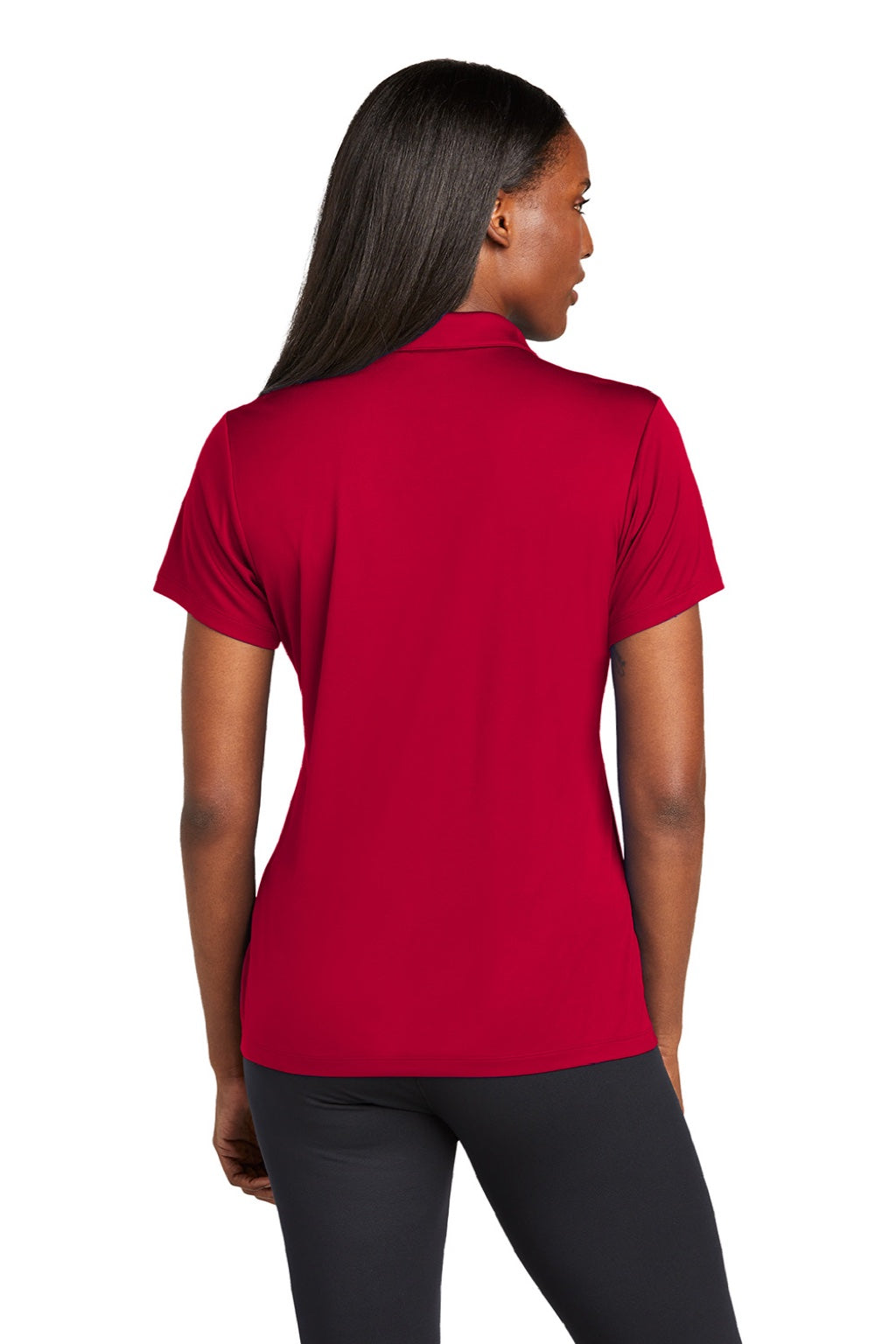 Sport-Tek LST725 Womens Moisture Wicking Re-Compete Short Sleeve Polo Shirt Deep Red Model Back