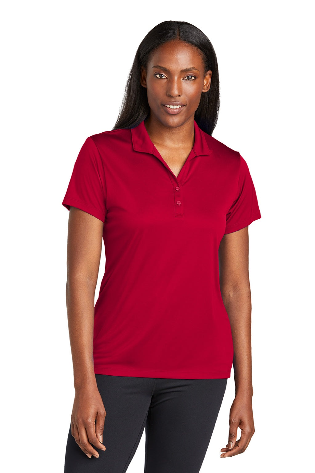 Sport-Tek LST725 Womens Moisture Wicking Re-Compete Short Sleeve Polo Shirt Deep Red Model Front