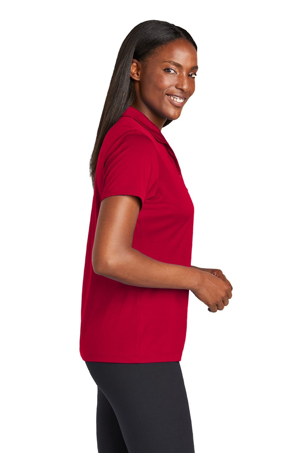 Sport-Tek LST725 Womens Moisture Wicking Re-Compete Short Sleeve Polo Shirt Deep Red Model Side