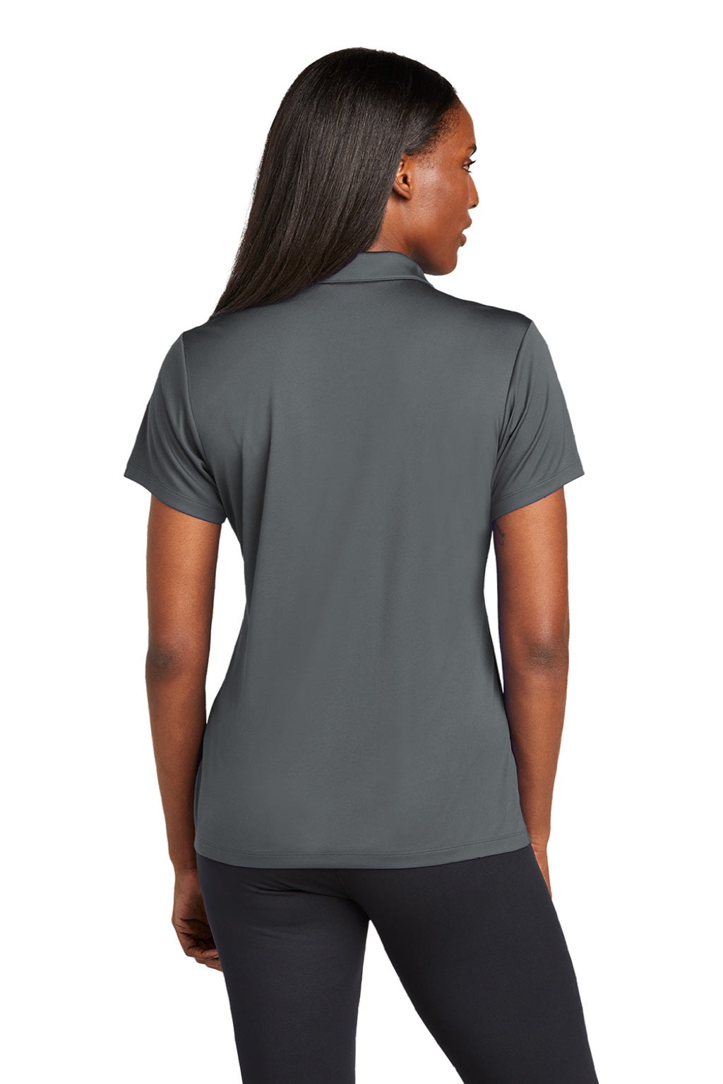 Sport-Tek LST725 Womens Moisture Wicking Re-Compete Short Sleeve Polo Shirt Iron Grey Model Back