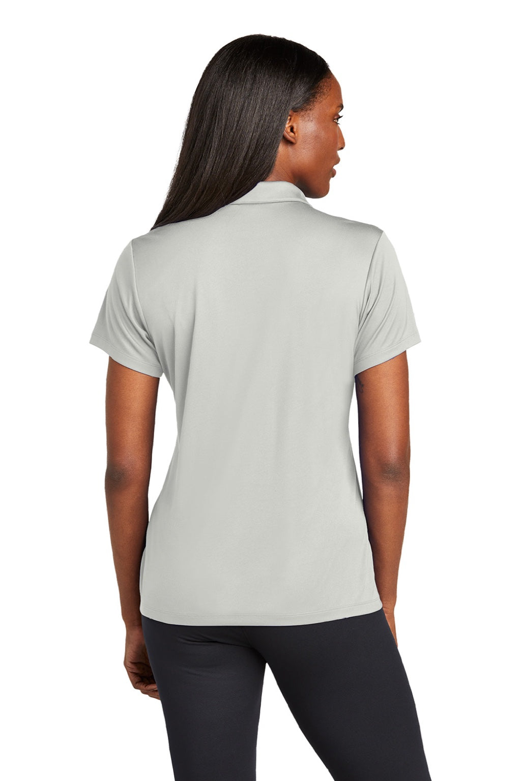 Sport-Tek LST725 Womens Moisture Wicking Re-Compete Short Sleeve Polo Shirt Silver Grey Model Back