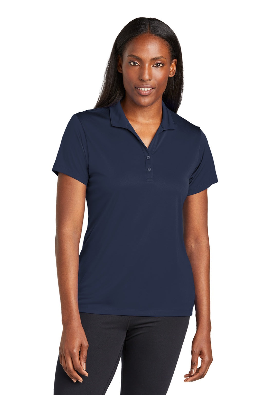 Sport-Tek LST725 Womens Moisture Wicking Re-Compete Short Sleeve Polo Shirt True Navy Blue Model Front