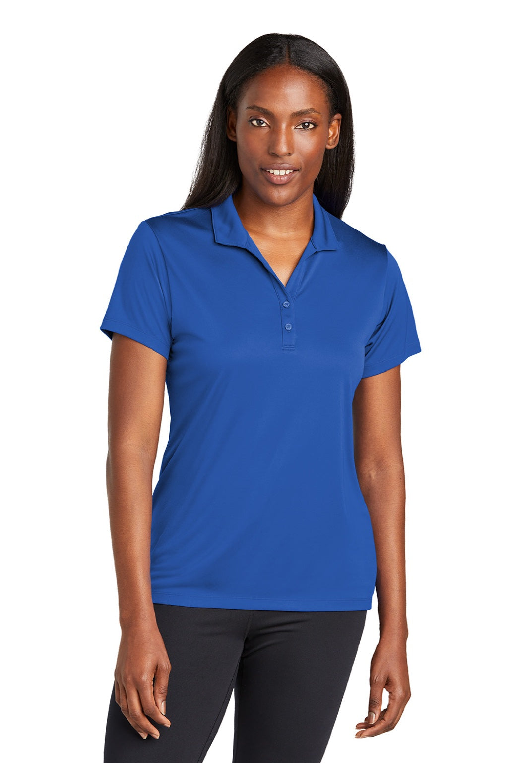 Sport-Tek LST725 Womens Moisture Wicking Re-Compete Short Sleeve Polo Shirt True Royal Blue Model Front