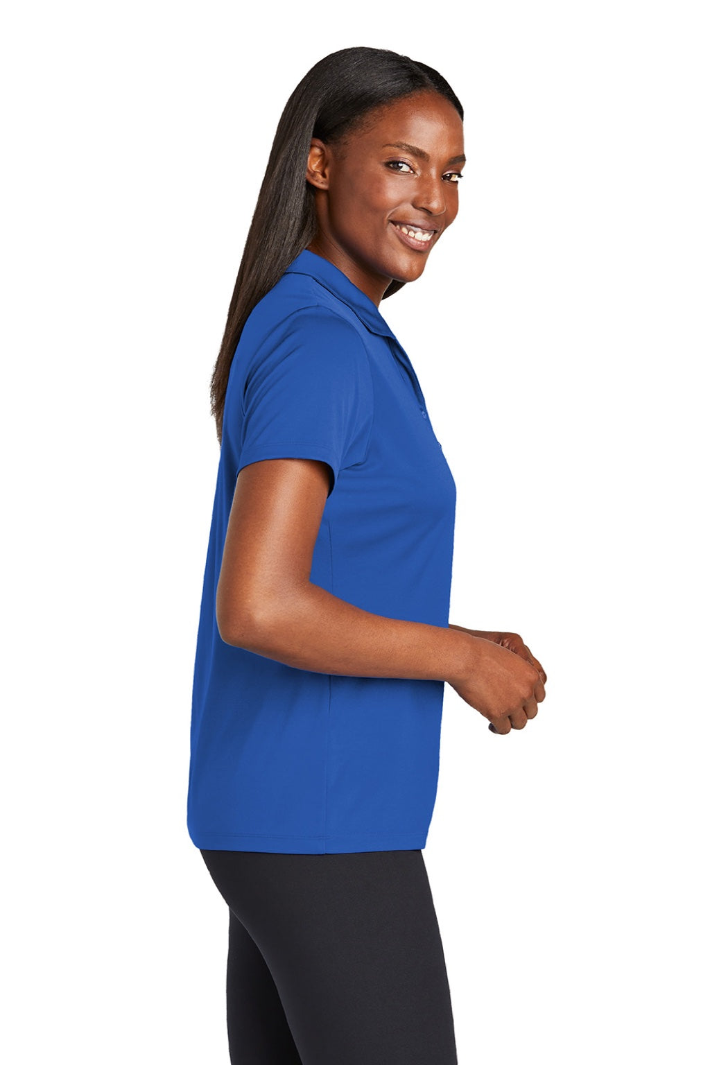 Sport-Tek LST725 Womens Moisture Wicking Re-Compete Short Sleeve Polo Shirt True Royal Blue Model Side