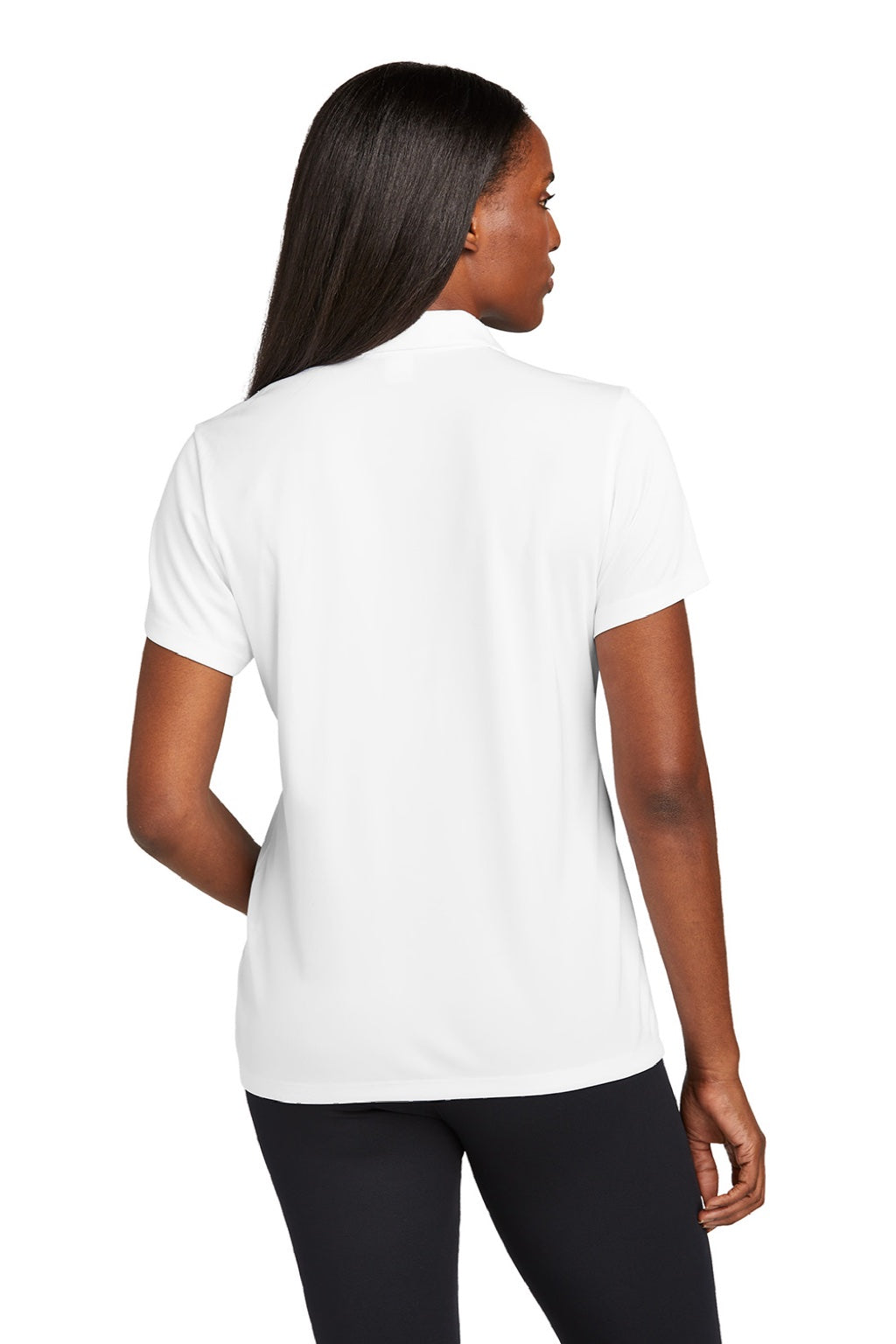 Sport-Tek LST725 Womens Moisture Wicking Re-Compete Short Sleeve Polo Shirt White Model Back