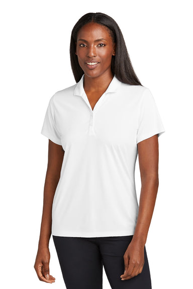 Sport-Tek LST725 Womens Moisture Wicking Re-Compete Short Sleeve Polo Shirt White Model Front