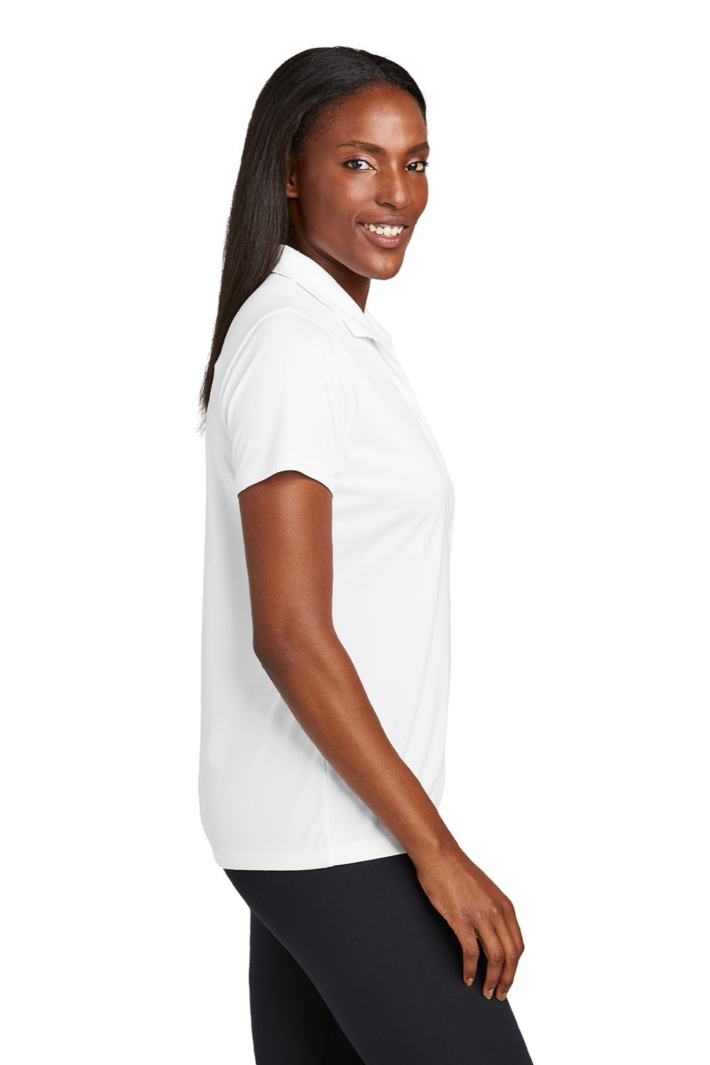 Sport-Tek LST725 Womens Moisture Wicking Re-Compete Short Sleeve Polo Shirt White Model Side