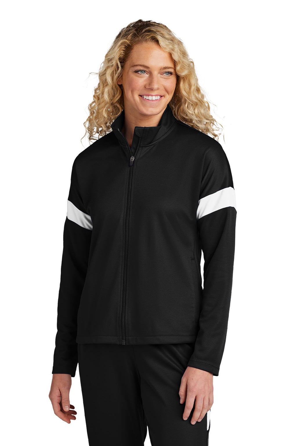 Sport-Tek LST800 Womens Moisture Wicking Travel Full Zip Jacket Black/White Model Front