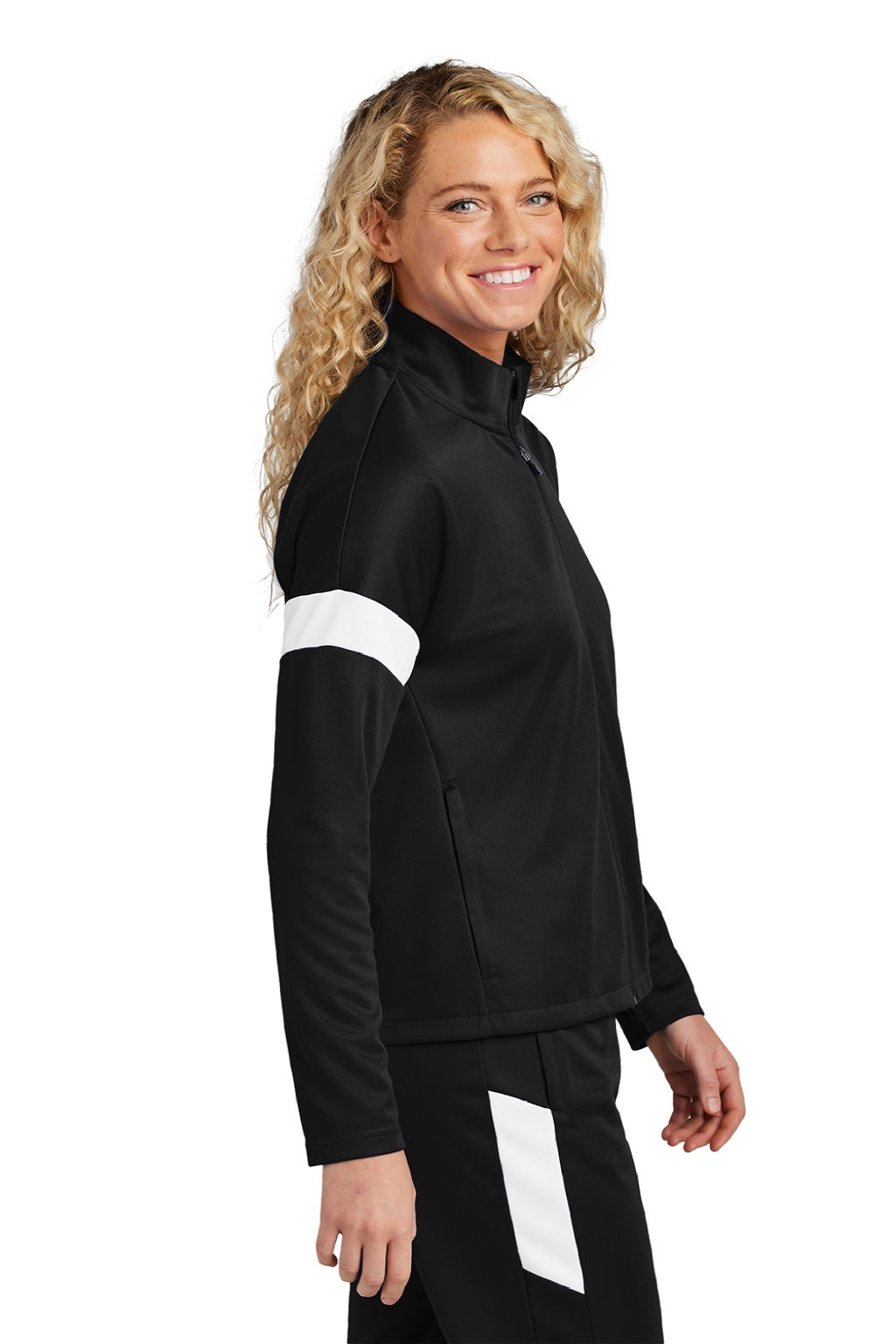 Sport-Tek LST800 Womens Moisture Wicking Travel Full Zip Jacket Black/White Model Side